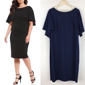 calvin klein flutter cape sleeve v back sheath dress